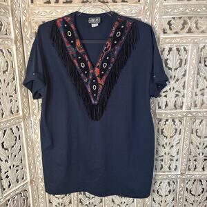 VINTAGE HANG UPS Blue V-Neck T-SHIRT WESTERN COWGIRL Fringe 90s ONE SIZE USA